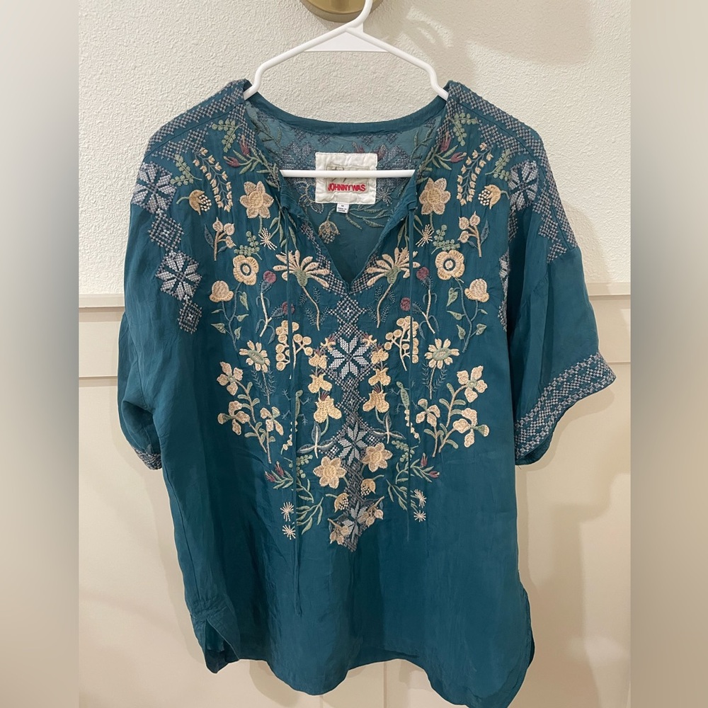 Johnny Was Darlyn Biya Teal Floral Embroidered Blouse Size medium - Picture 3 of 11